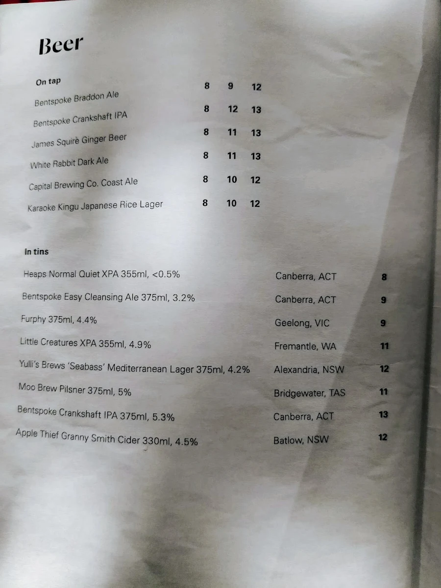 Menu, Midnight Bar