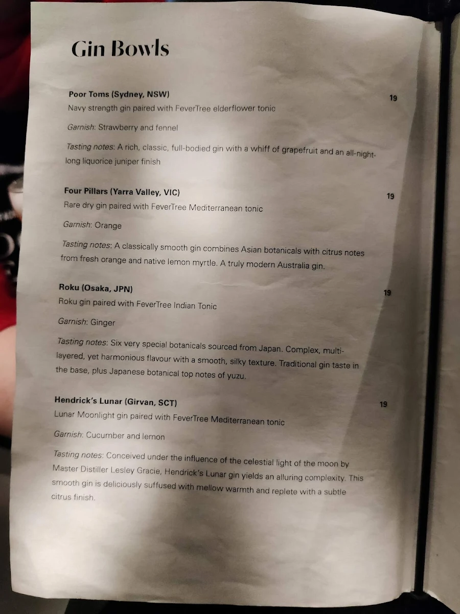 Menu, Midnight Bar
