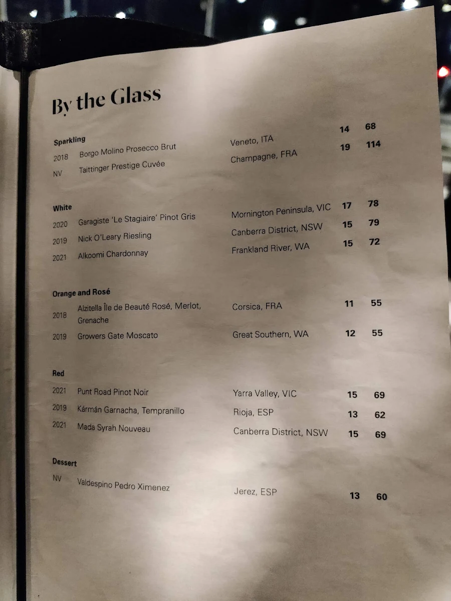 Menu, Midnight Bar
