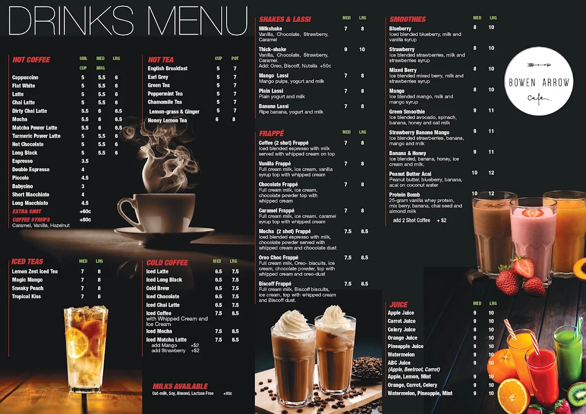 Menu, Bowen Arrow Cafe