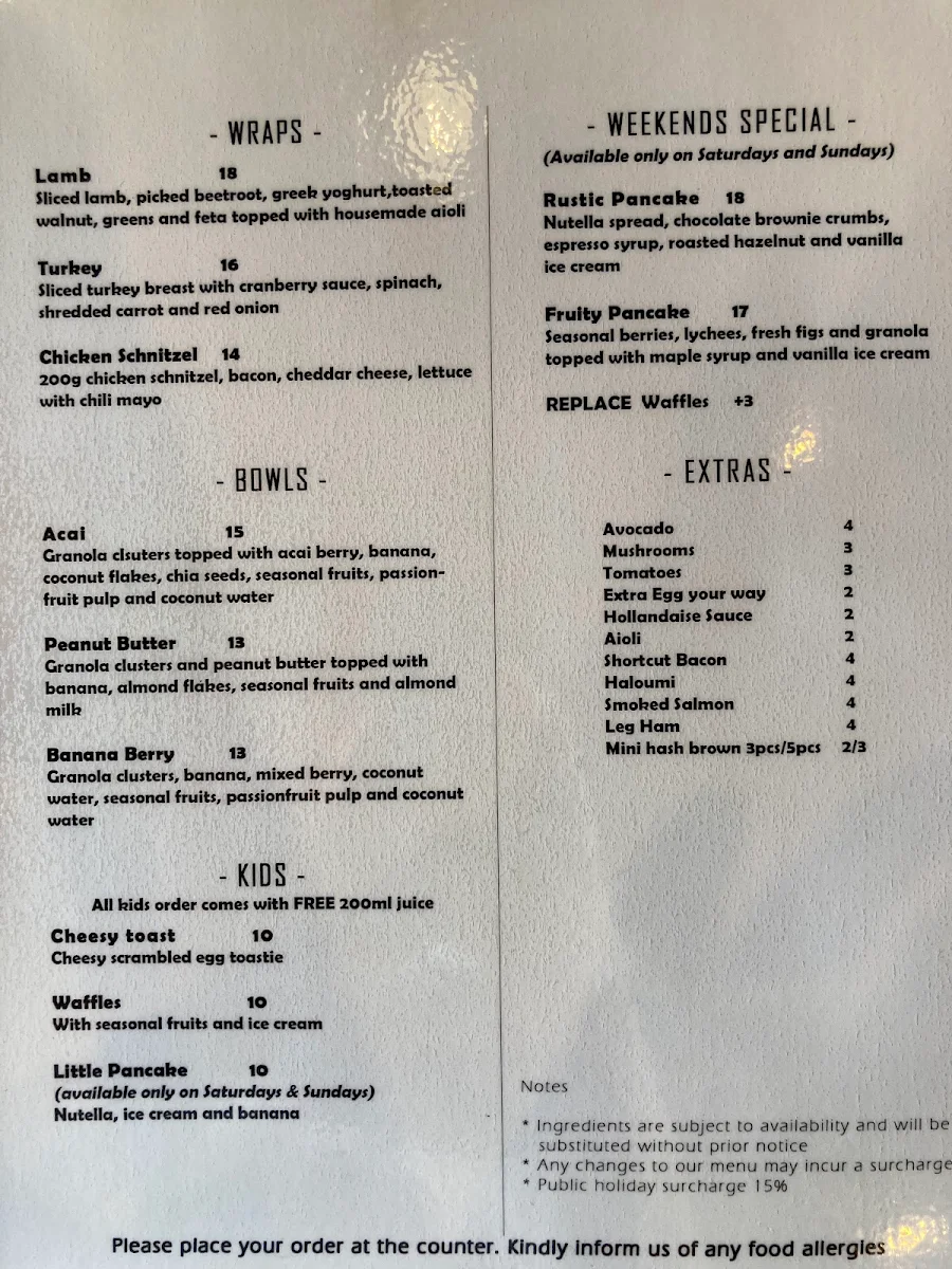 Menu, Bowen Arrow Cafe