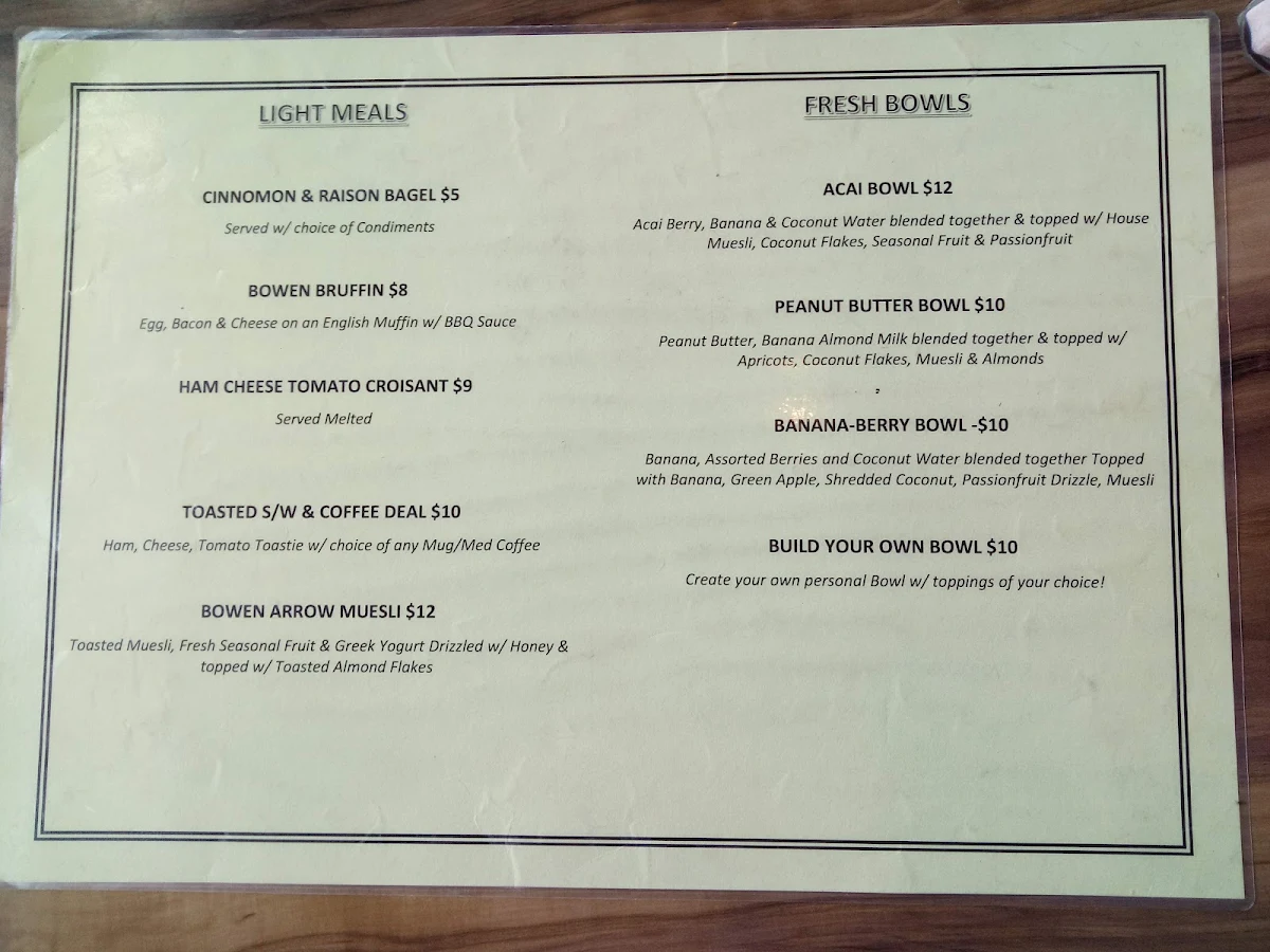 Menu, Bowen Arrow Cafe