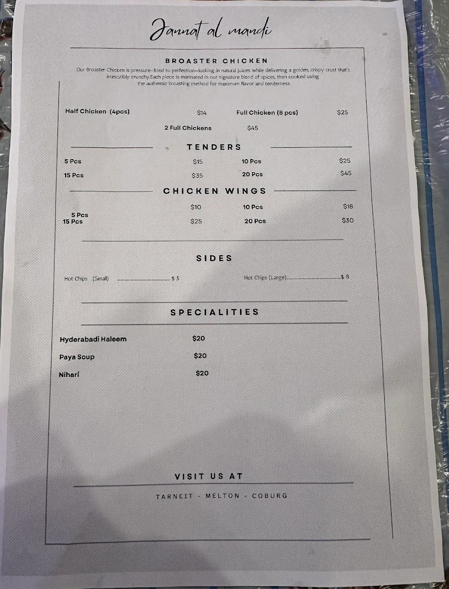 Menu, Jannat Al Mandi Restaurant & Broaster Chicken Coburg