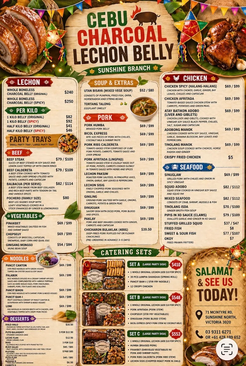 Menu, Cebu Charcoal Lechon Belly Main Branch Sunshine North Victoria