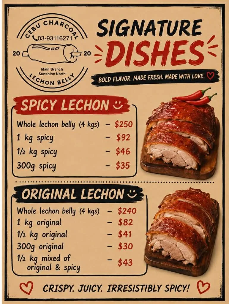 Menu, Cebu Charcoal Lechon Belly Main Branch Sunshine North Victoria
