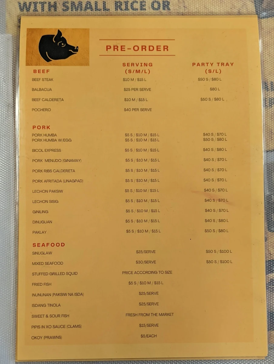 Menu, Cebu Charcoal Lechon Belly Main Branch Sunshine North Victoria