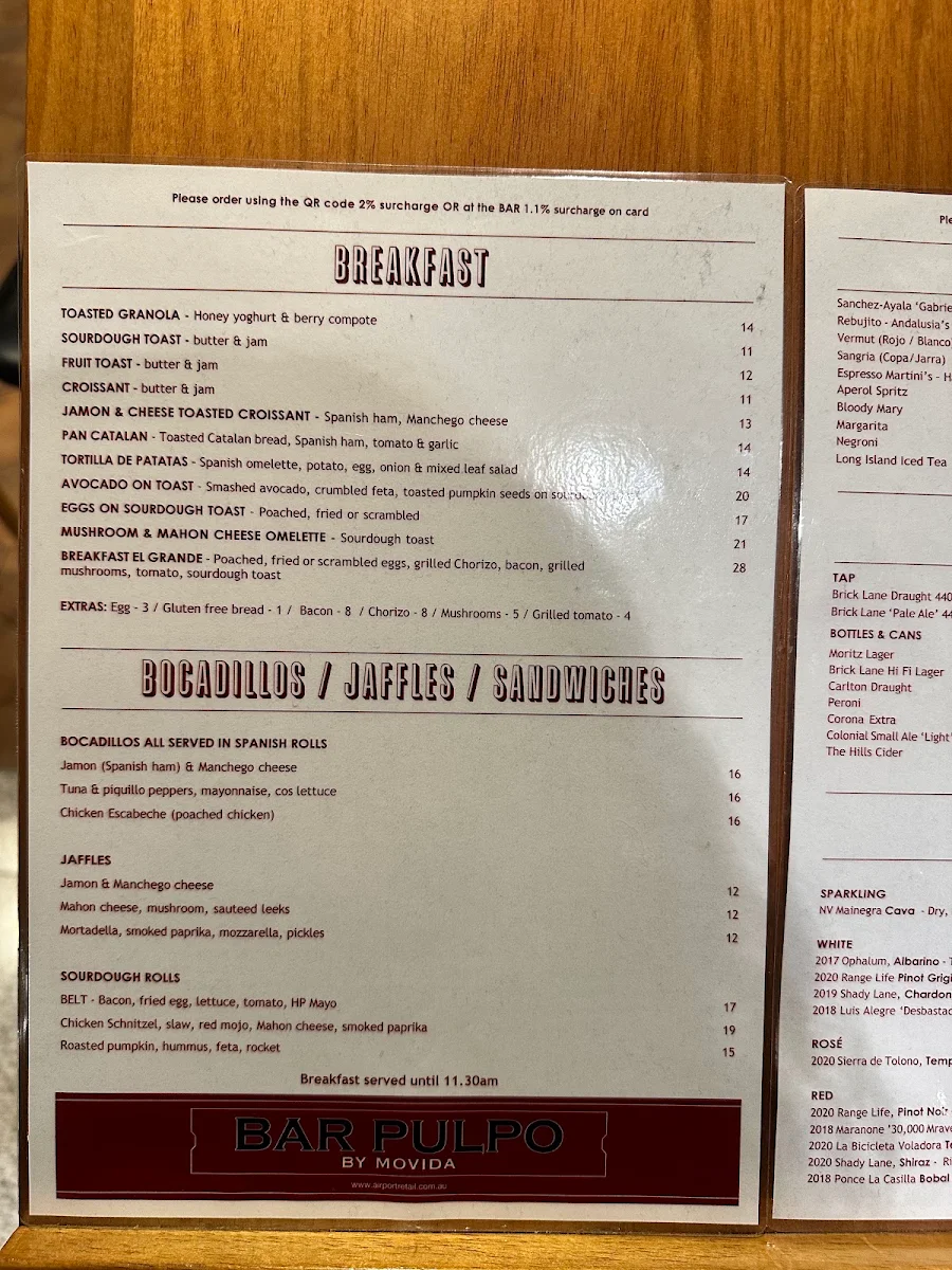 Menu, Bar Pulpo by MoVida