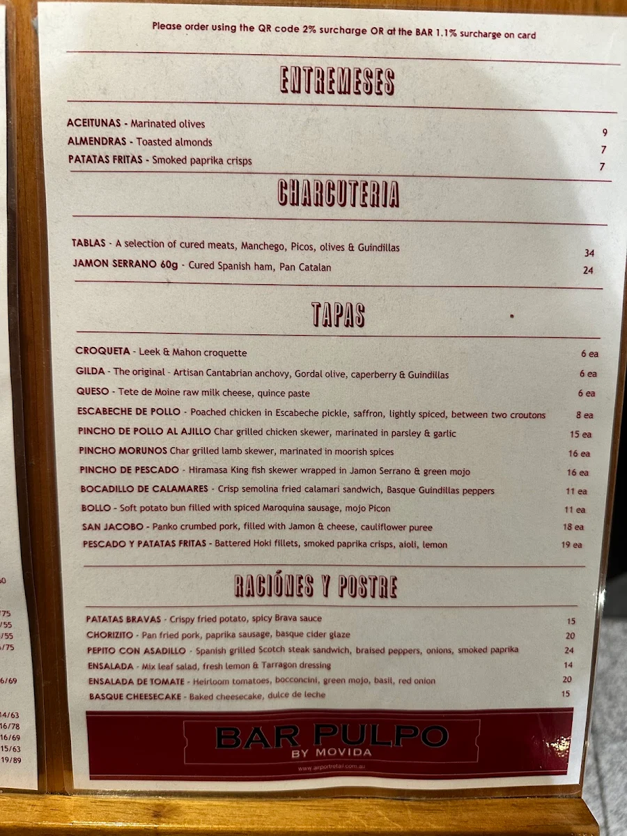 Menu, Bar Pulpo by MoVida