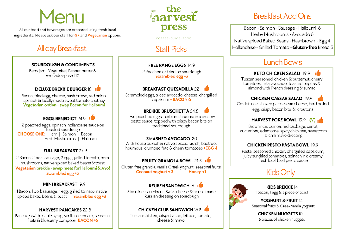 Menu, The Harvest Press