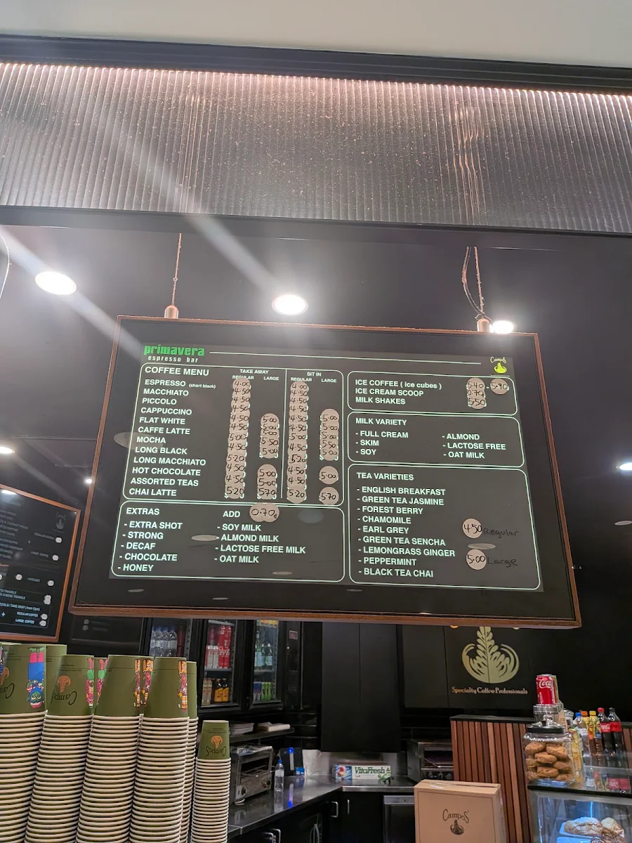Menu, Primavera Espresso Bar