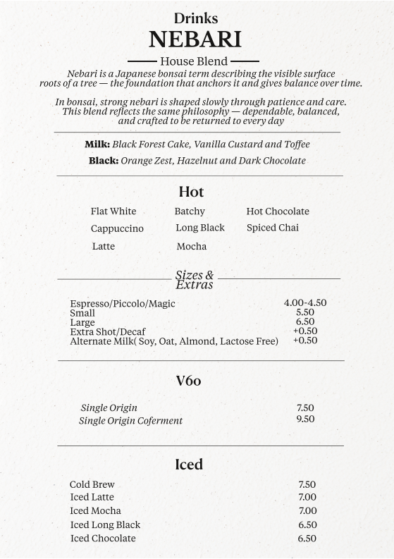 Menu, Tend Still Growing South Yarra