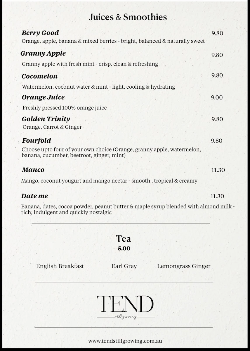 Menu, Tend Still Growing South Yarra