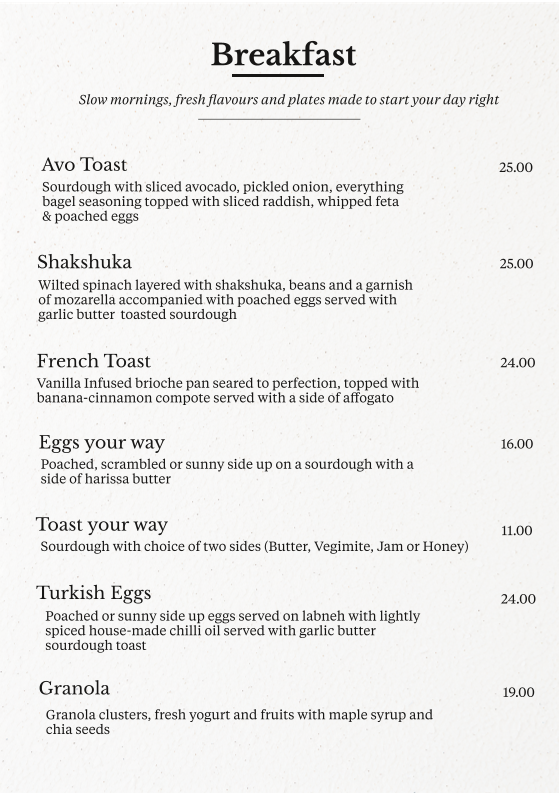 Menu, Tend Still Growing South Yarra