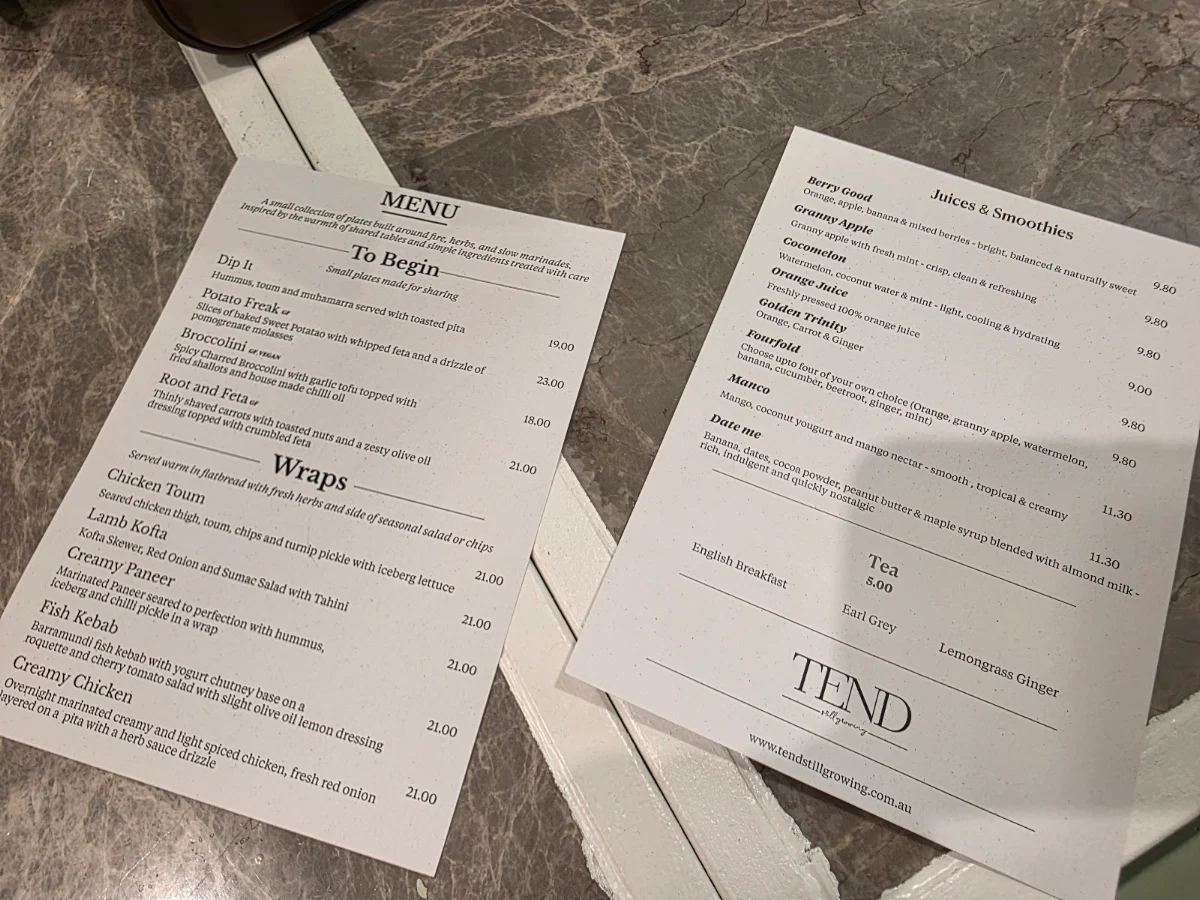 Menu, Tend Still Growing South Yarra