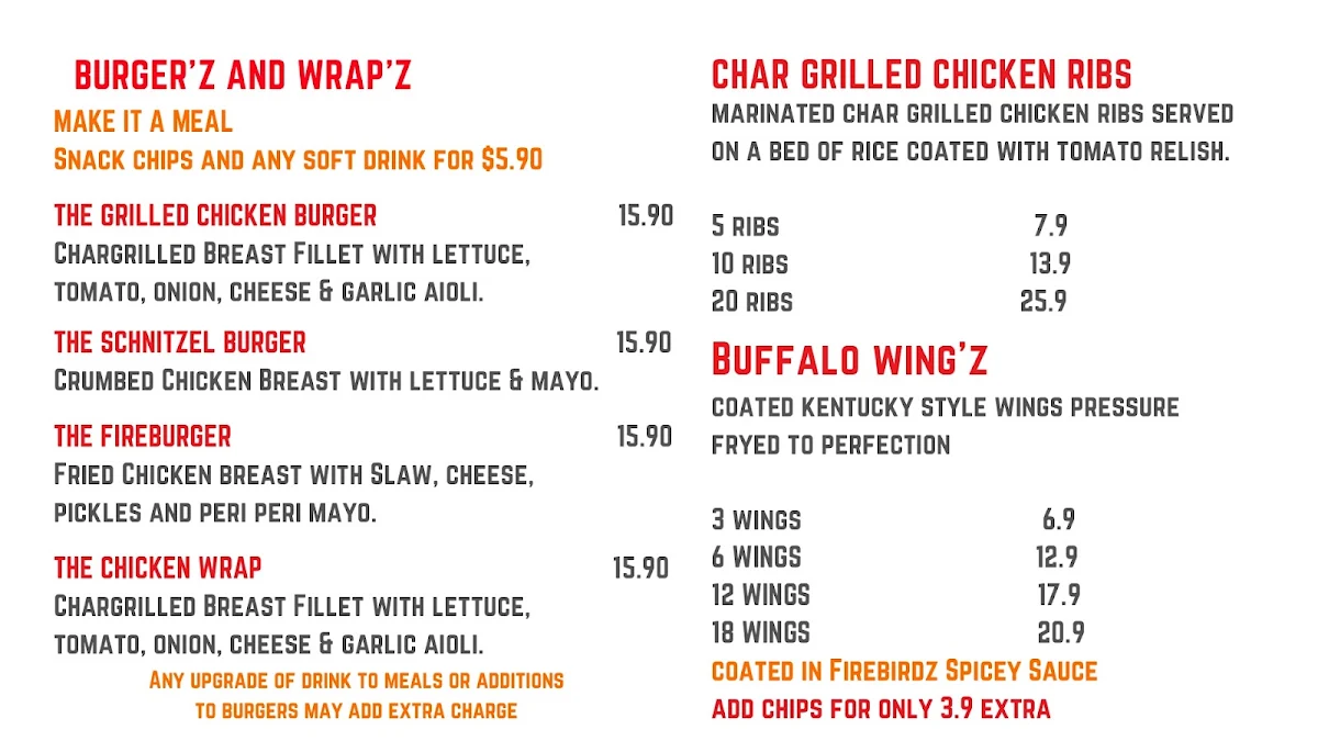 Menu, Firebirdz