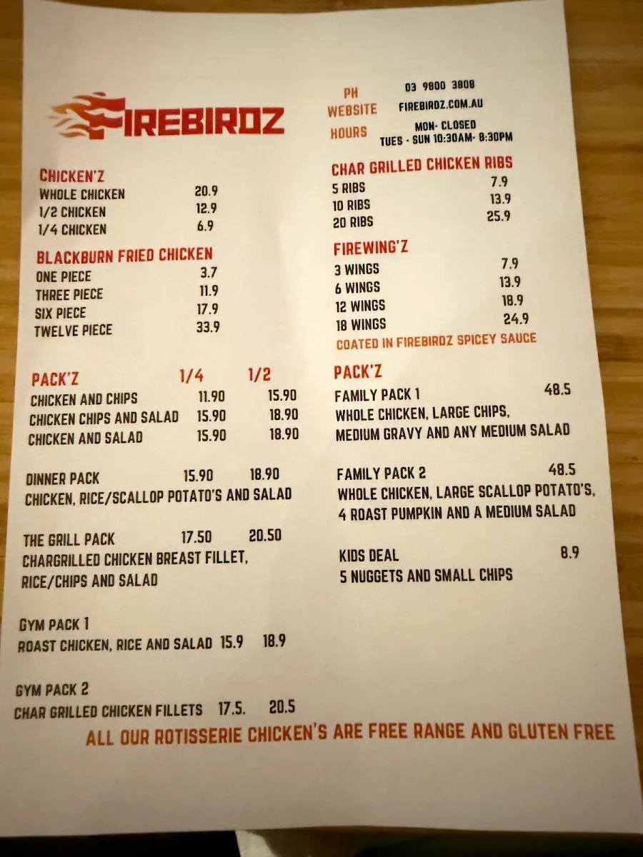 Menu, Firebirdz
