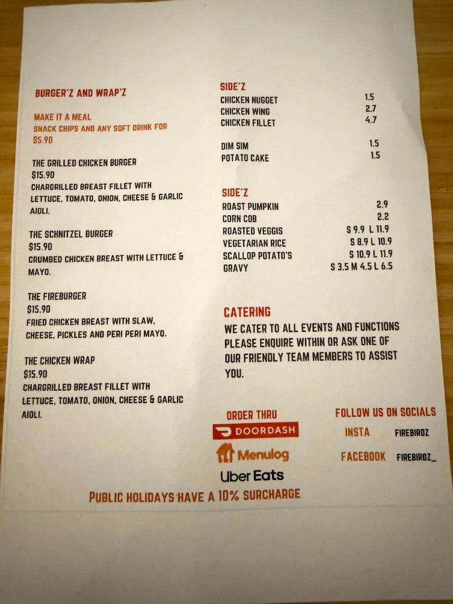 Menu, Firebirdz