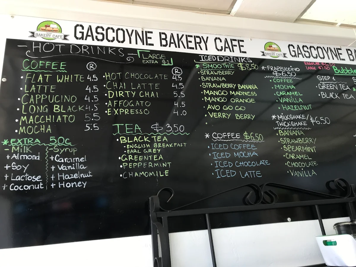 Menu, Gascoyne Bakery Cafe