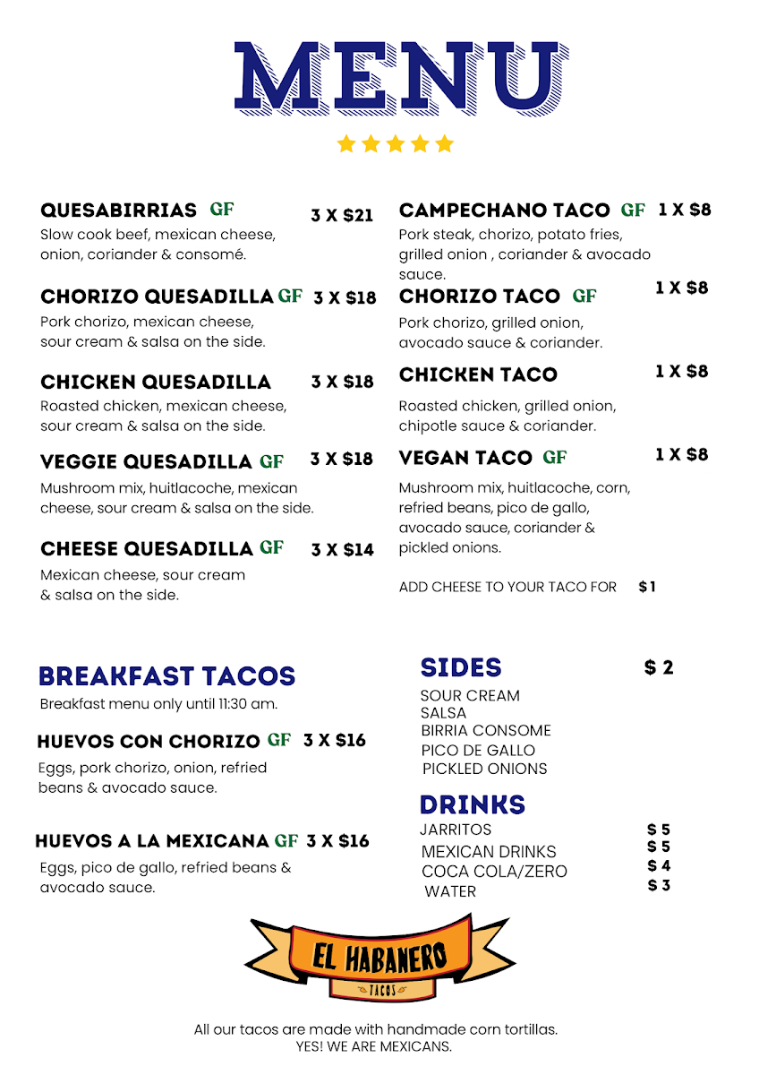 Menu, El Habanero Tacos