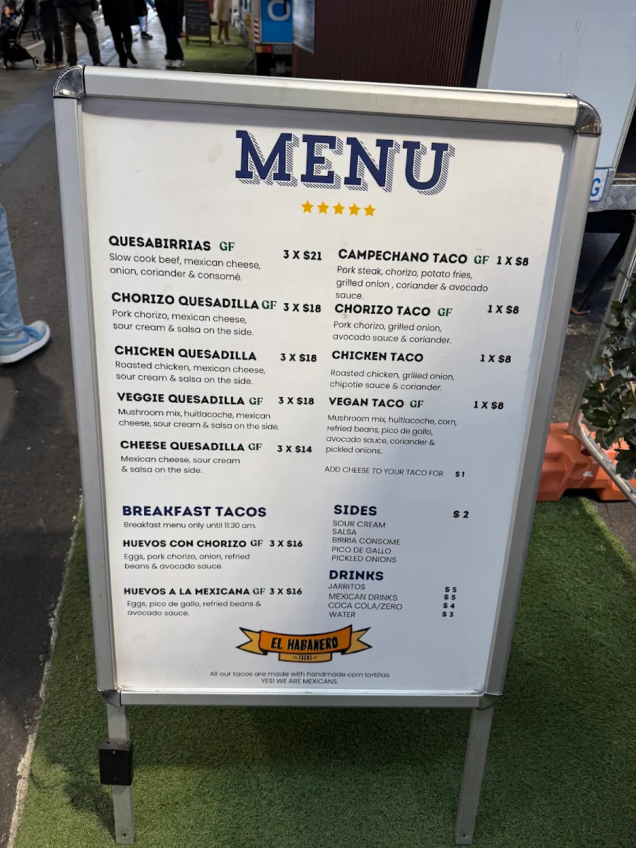 Menu, El Habanero Tacos