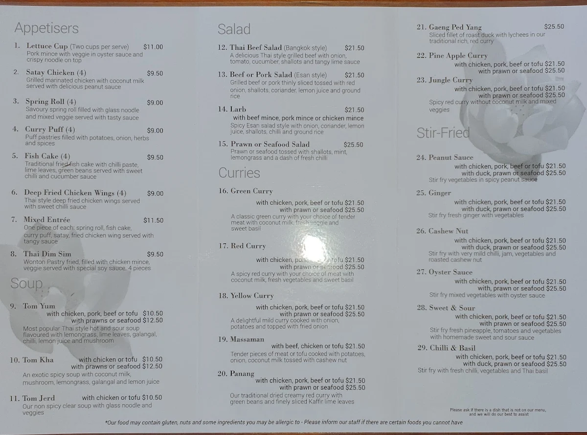 Menu, Oz Thai