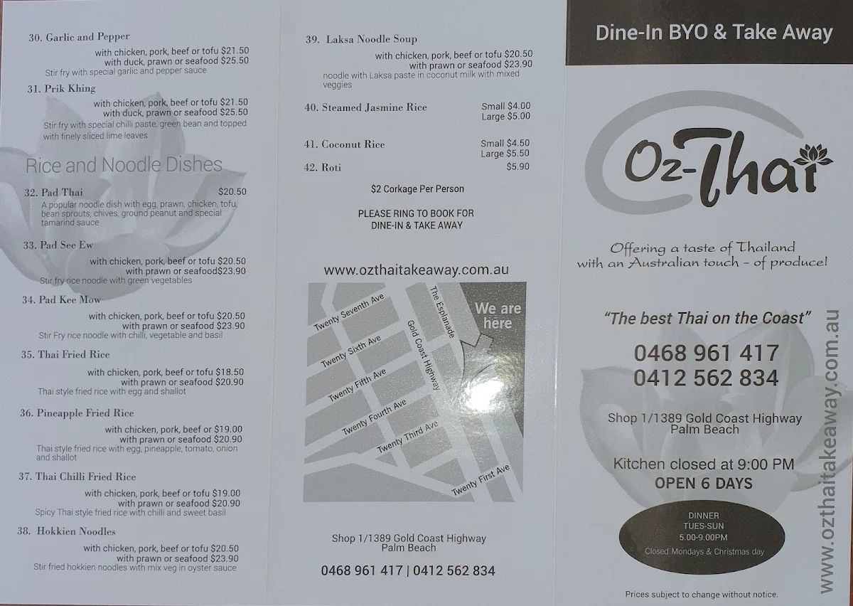 Menu, Oz Thai