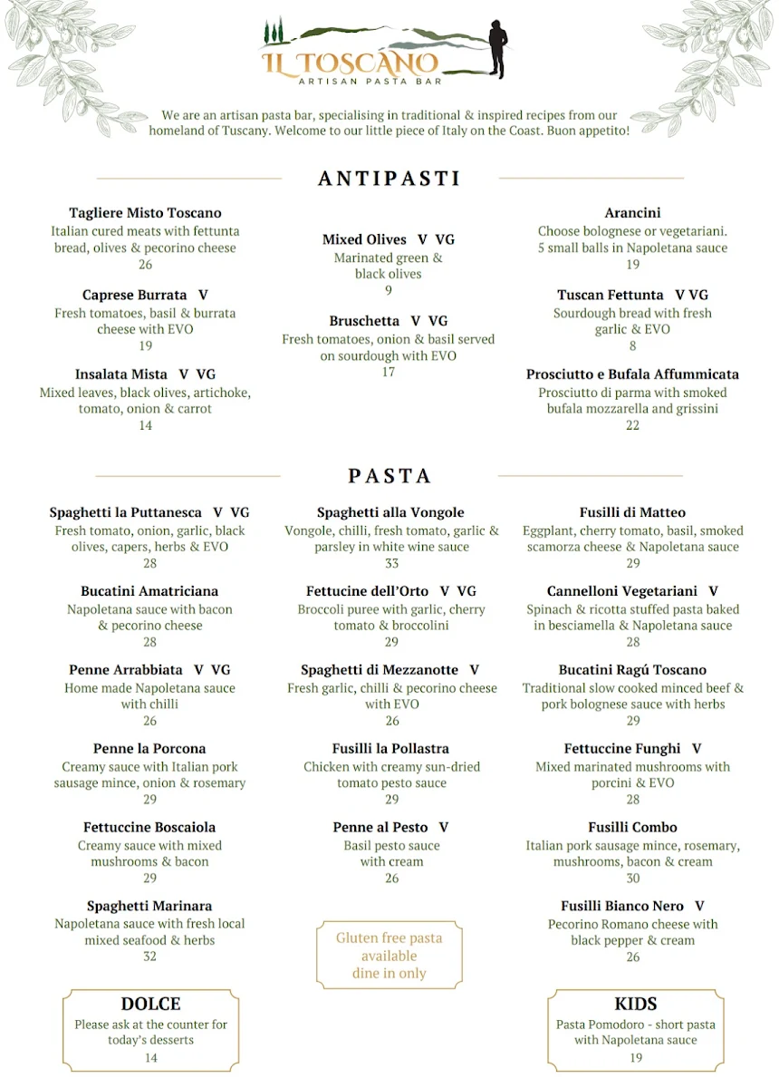 Menu, Il Toscano Pasta bar