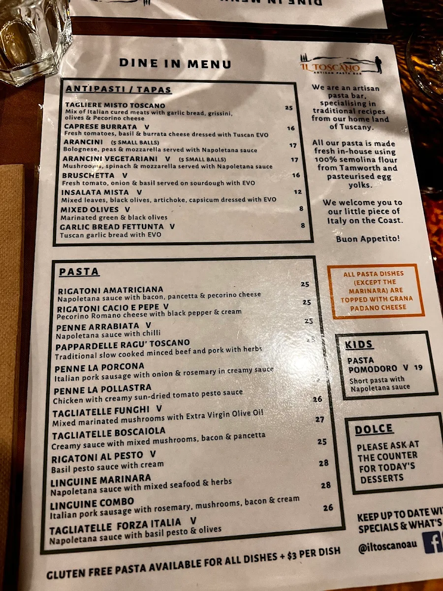 Menu, Il Toscano Pasta bar