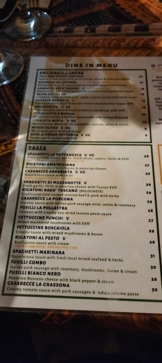 Menu, Il Toscano Pasta bar