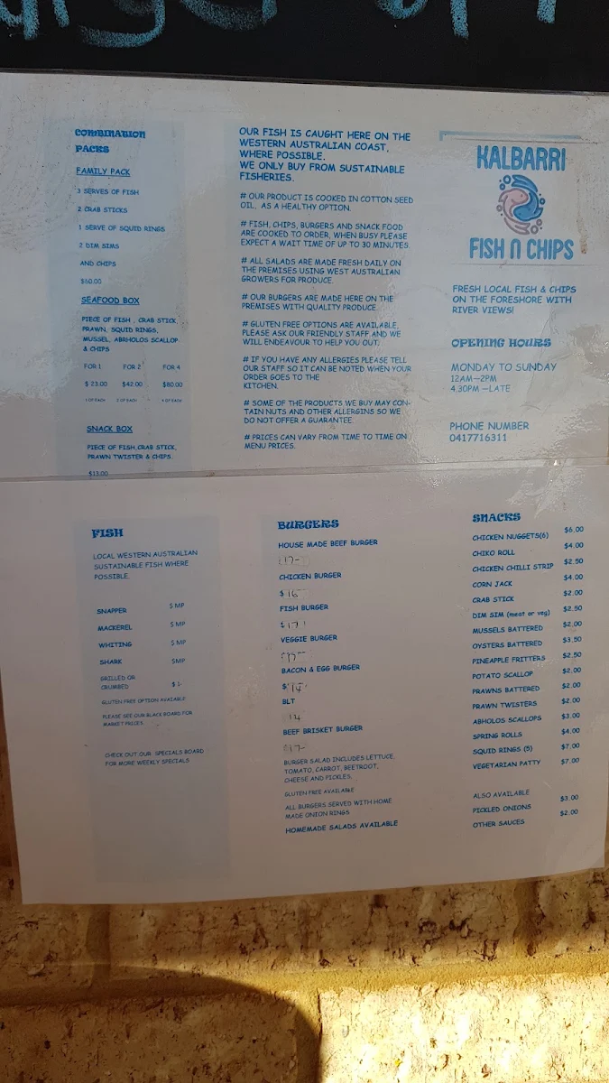 Menu, Kalbarri Fish n Chips