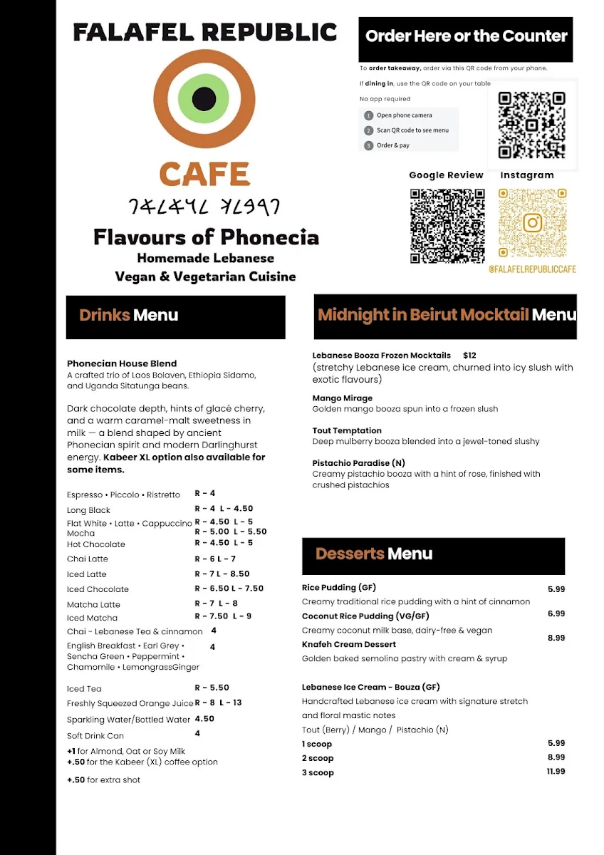 Menu, Falafel Republic Cafe