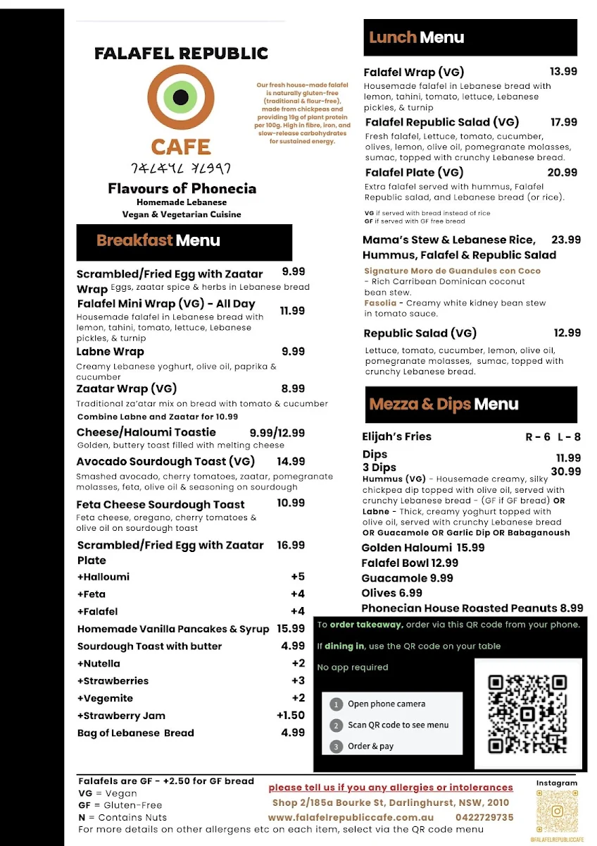 Menu, Falafel Republic Cafe