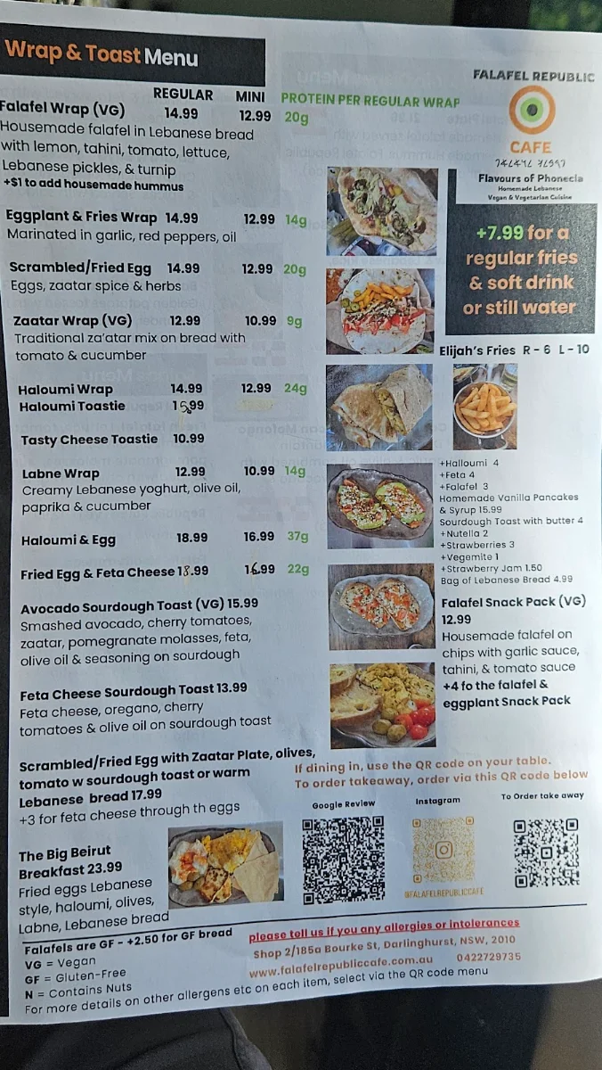 Menu, Falafel Republic Cafe