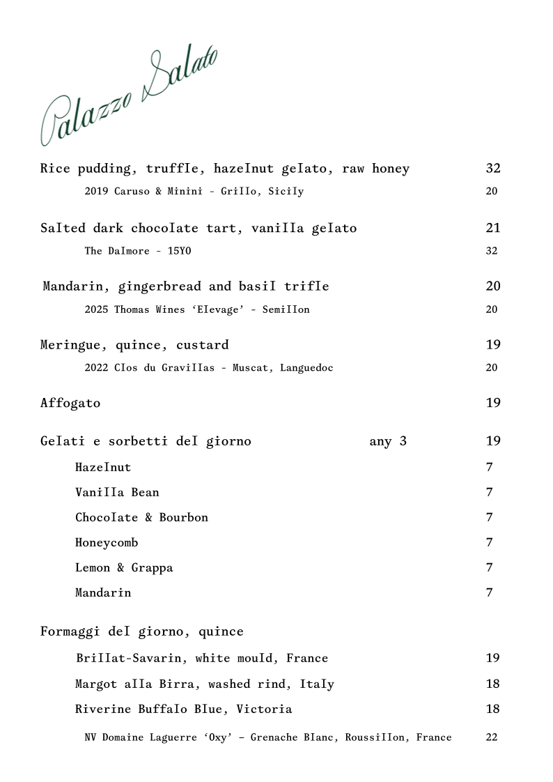 Menu, Palazzo Salato