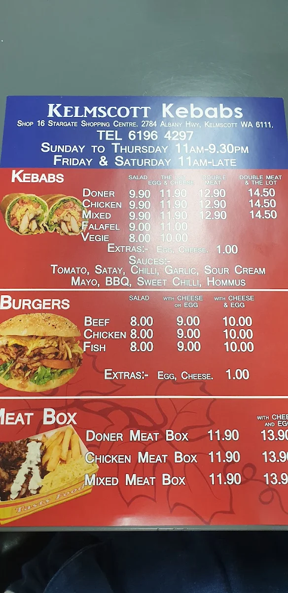 Menu, Kelmscott Kebabs