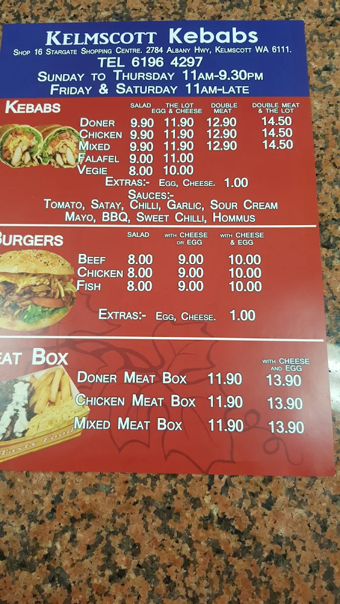Menu, Kelmscott Kebabs