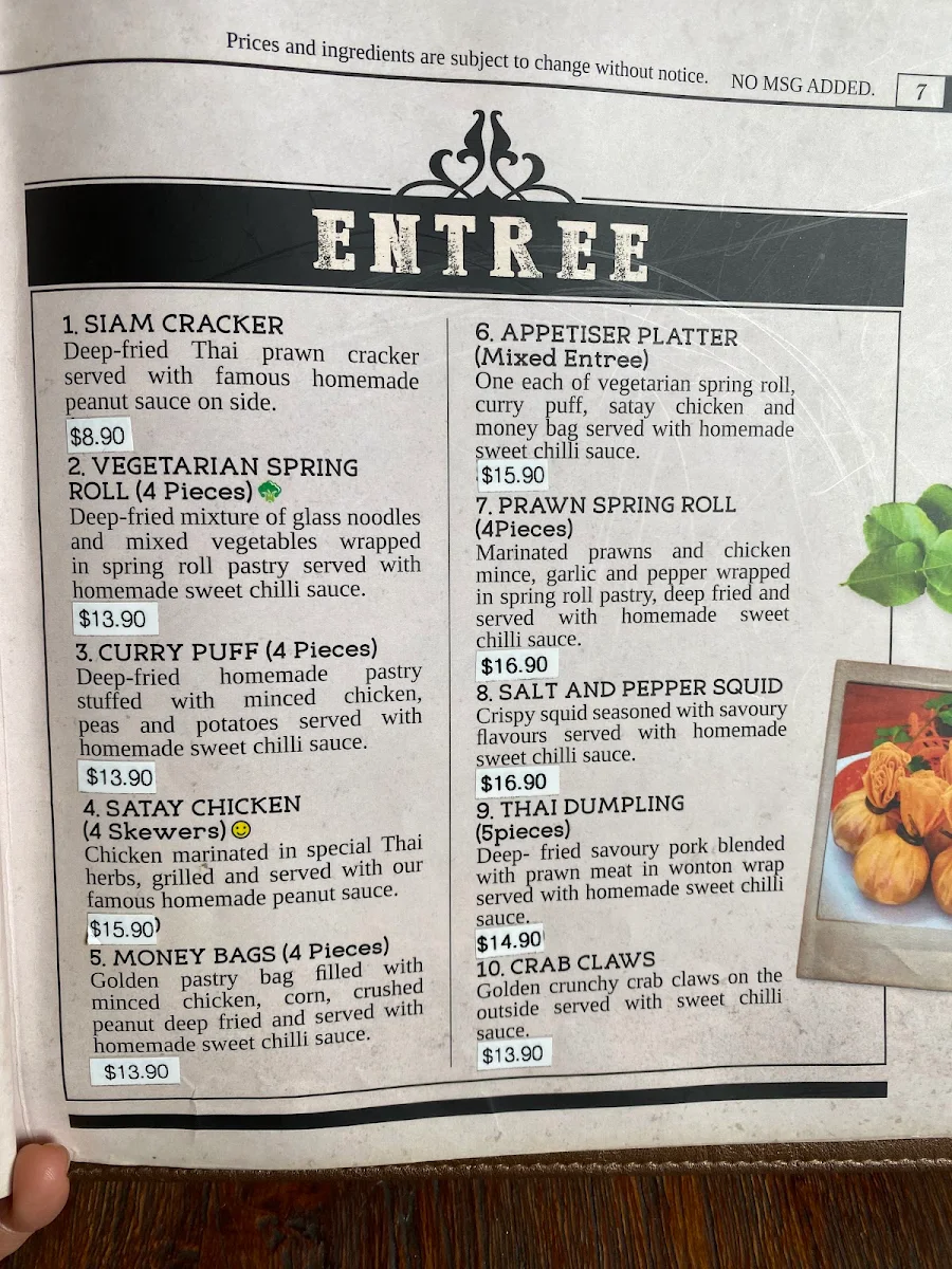 Menu, The Terrace Thai Bathurst