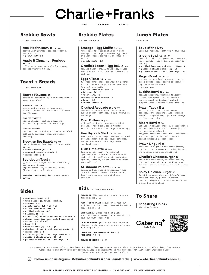 Menu, Charlie + Franks - Australian Catholic University (NORTH SYDNEY CAMPUS)