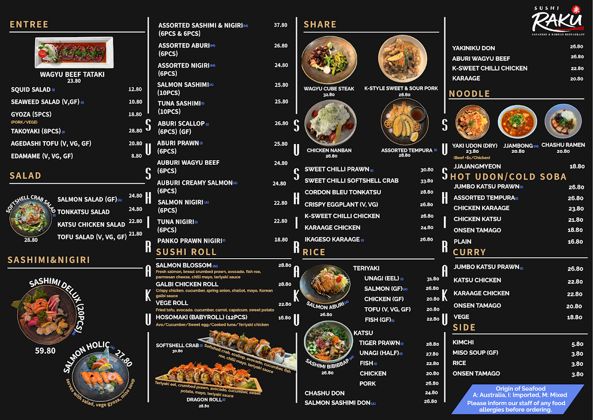 Menu, Sushi Raku