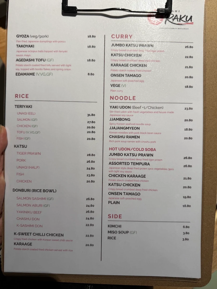 Menu, Sushi Raku