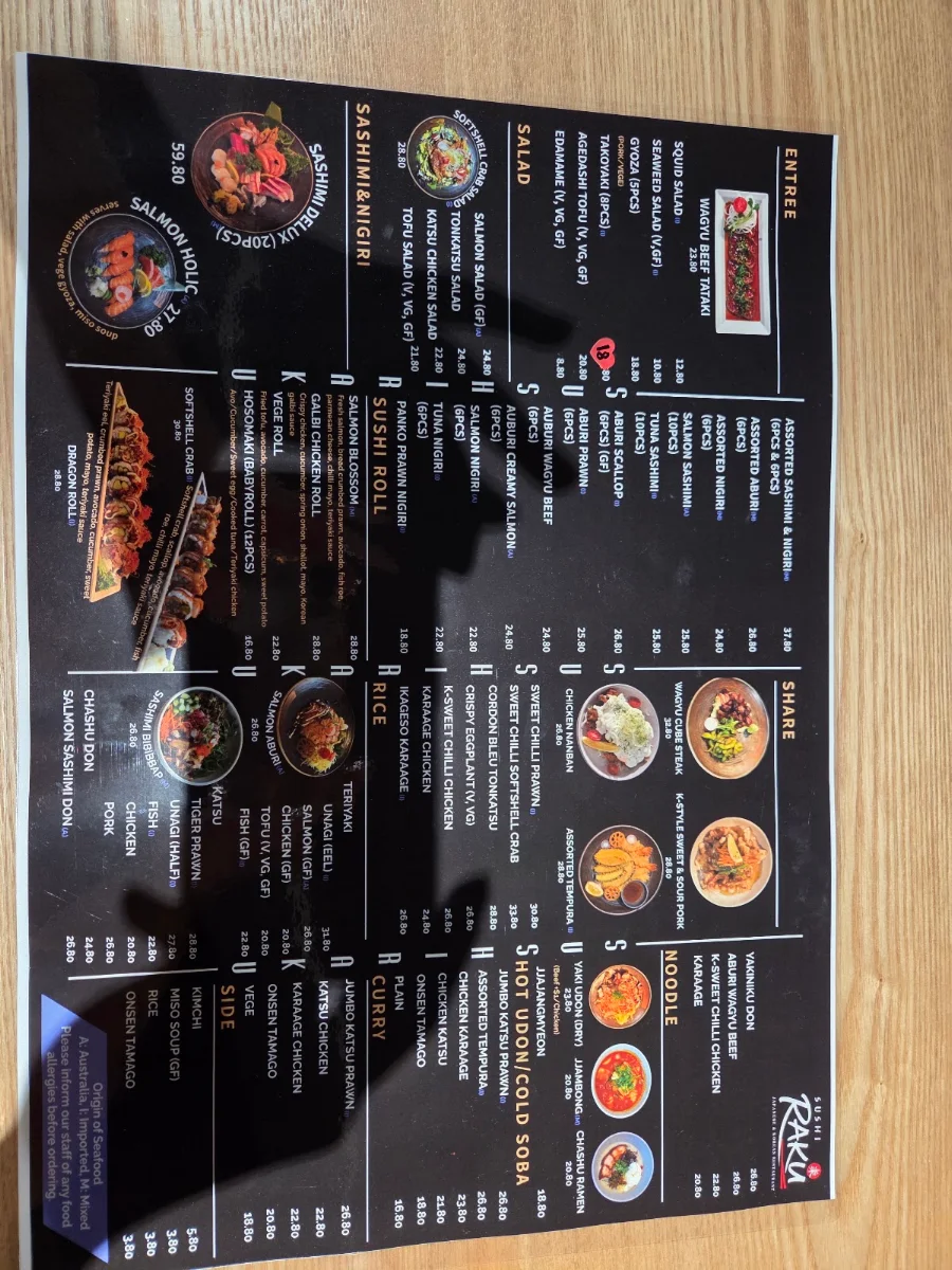 Menu, Sushi Raku