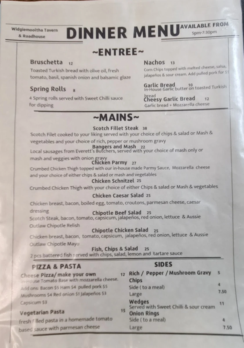 Menu, Widgie Tavern & Roadhouse