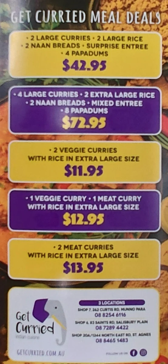 Menu, Get Curried Indian Cuisine
