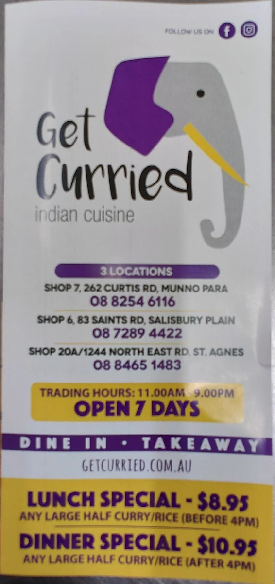 Menu, Get Curried Indian Cuisine
