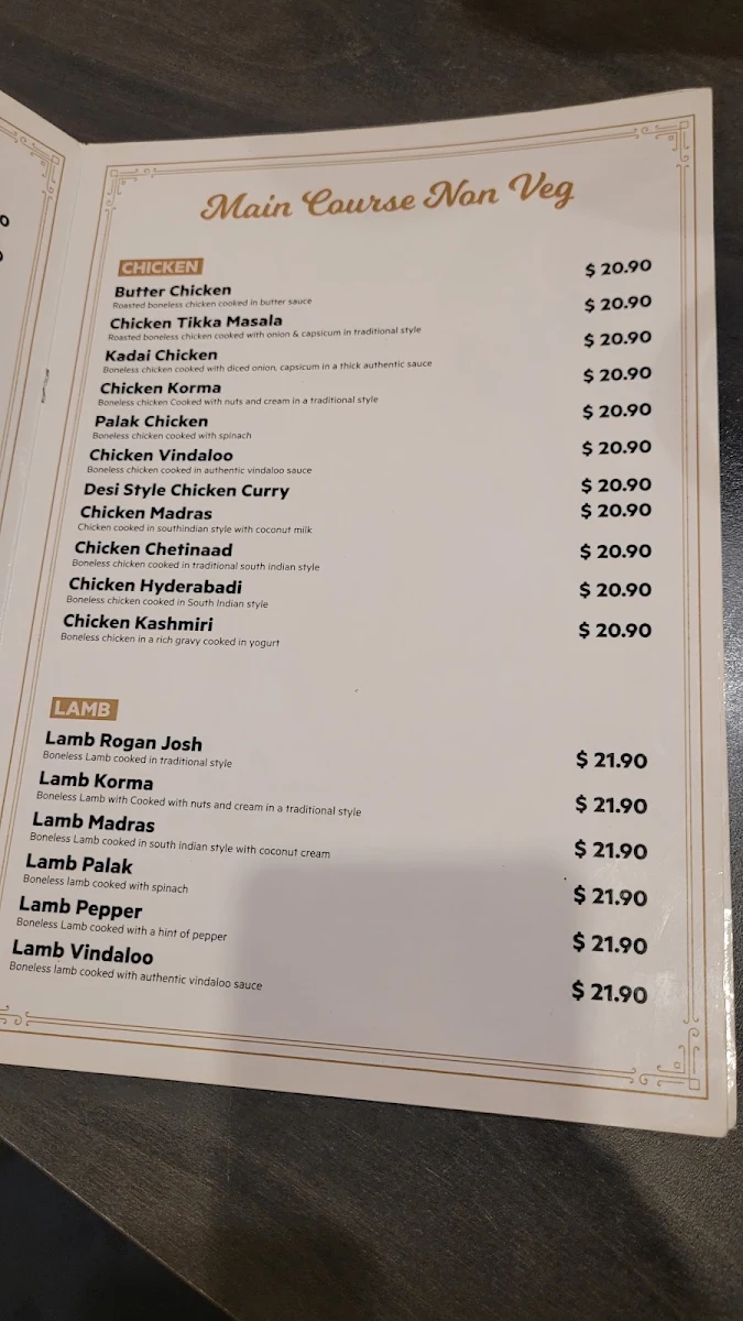Menu, Falak Indian Cuisine