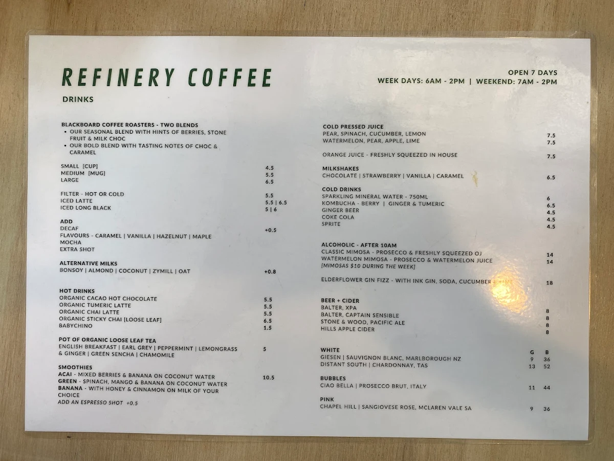 Menu, Refinery Coffee