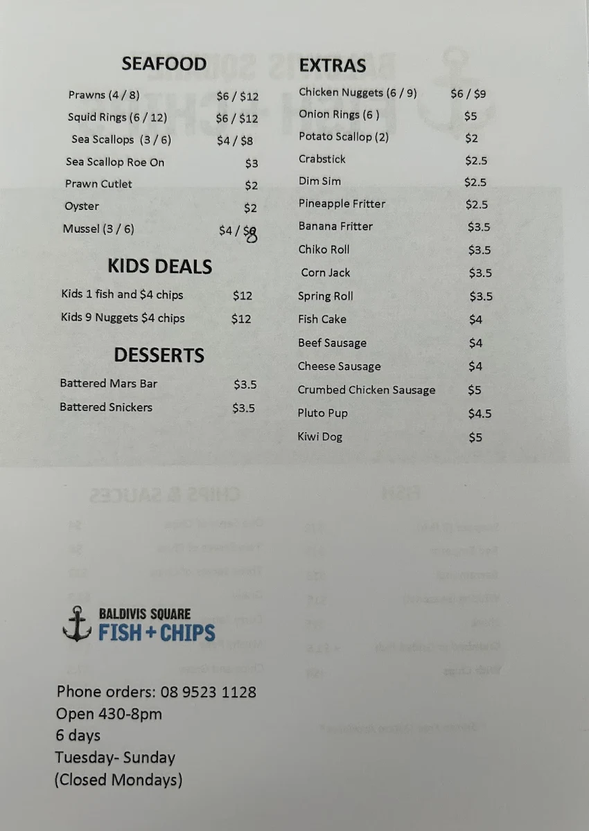 Menu, Baldivis Square Fish & Chips
