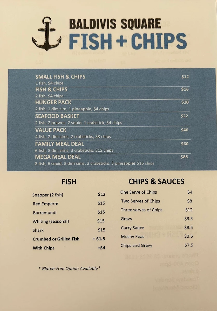 Menu, Baldivis Square Fish & Chips
