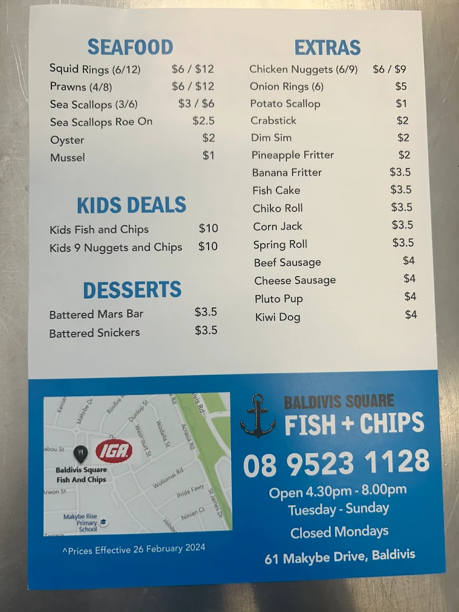 Menu, Baldivis Square Fish & Chips