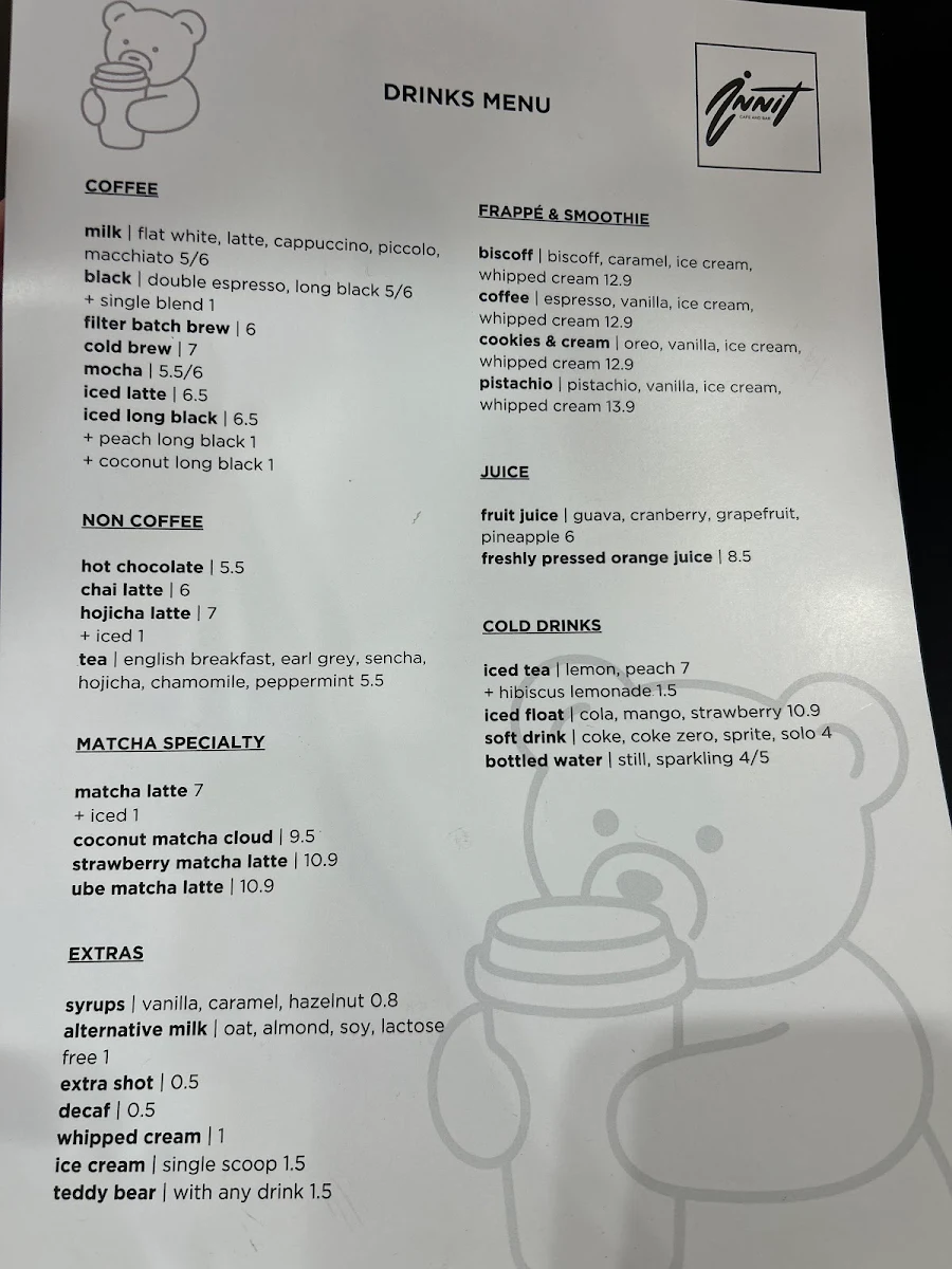 Menu, Innit Cafe and Bar